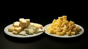 Stapel von Käse auf zwei Platten isoliert auf schwarz Hintergrund. generativ ai foto