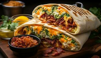 gegrillt Rindfleisch Taco mit frisch Guacamole auf ein hölzern Teller generiert durch ai foto