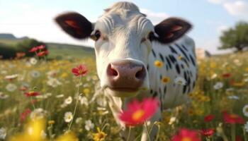 süß Kuh Weiden lassen im ein Grün Wiese unter das Sommer- Sonne generiert durch ai foto