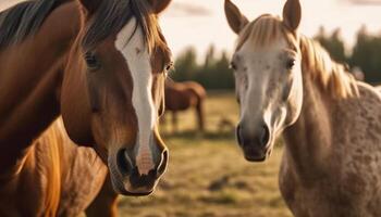 Pferd Weiden lassen im Wiese, Sonnenuntergang leuchtet es ist schön Mähne generiert durch ai foto