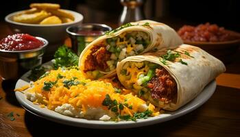 gegrillt Rindfleisch Taco mit Guacamole, Koriander, und Tomate auf Fladenbrot generiert durch ai foto