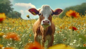 süß Kuh Weiden lassen auf Grün Wiese, umgeben durch schön Blumen generiert durch ai foto