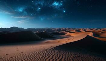 Sand Düne Landschaft beim Nacht, milchig Weg im Blau Raum generiert durch ai foto