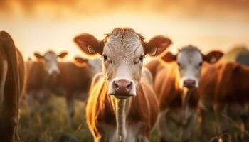 Kühe Weiden lassen im ein Wiese, unter das Sonnenuntergang warm Umarmung generiert durch ai foto
