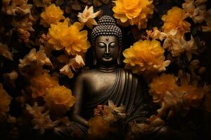 ein golden Buddha Statue umgeben durch Blumen ai generiert foto