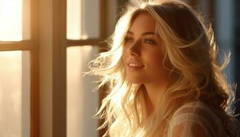 ein schön jung Frau mit lange blond Haar lächelnd draußen generiert durch ai foto
