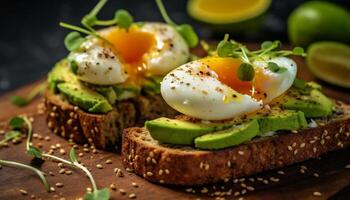 Frische und gesund Essen auf ein hölzern Teller mit Avocado generiert durch ai foto