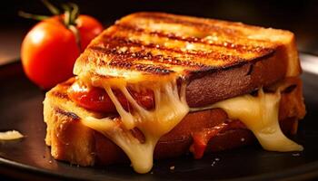 gegrillt Fleisch Sandwich auf getoastet brot, frisch Tomate, und Mozzarella generiert durch ai foto