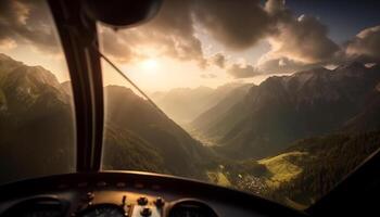 Berg Landschaft, Auto Fahren, Sonnenuntergang Himmel, Schönheit im Natur, Sommer- Wiese generiert durch ai foto