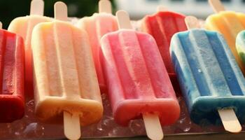 multi farbig Eis Sahne Zapfen im ein Reihe, ein Sommer- Freude generiert durch ai foto
