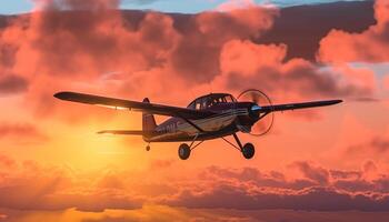 fliegend Propeller Flugzeug im Sonnenuntergang Himmel, Natur Geschwindigkeit und Technologie generiert durch ai foto