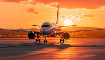 Flugzeug fliegend beim Sonnenuntergang, Transportieren Passagiere auf ein Geschäft Reise generiert durch ai foto