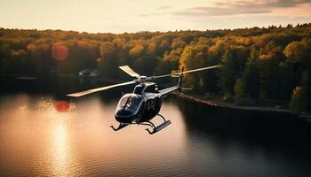 Hubschrauber Propeller Spinnen, fliegend Mitte Luft, Natur Sonnenuntergang Landschaft, Militär- Maschinen generiert durch ai foto