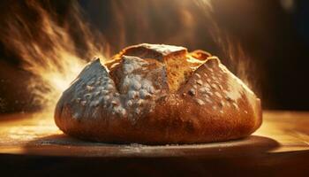 frisch gebacken Brot auf ein hölzern Tisch, Natur gesund hausgemacht Mahlzeit generiert durch ai foto