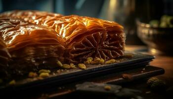frisch gebacken Baklava, ein Süss und nachsichtig hausgemacht Dessert generiert durch ai foto