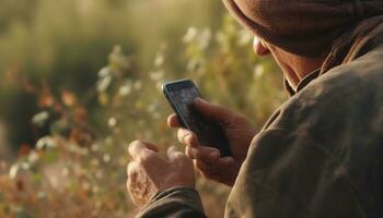 ein Mann draußen, halten ein Handy, Mobiltelefon Telefon, SMS und Arbeiten generiert durch ai foto
