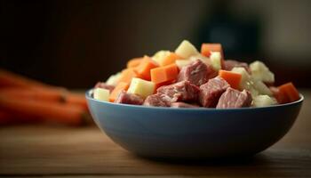 Frische von Fleisch und Gemüse auf hölzern Tisch, gesund Mahlzeit generiert durch ai foto