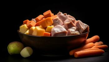 Frische und Gourmet Scheibe von organisch Schweinefleisch auf hölzern Tabelle generiert durch ai foto