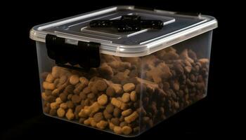 frisch Mahlzeit im Plastik Container auf schwarz Hintergrund, und köstlich generiert durch ai foto