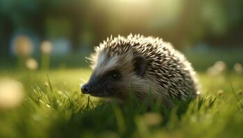 süß Igel im Gras, klein Säugetier mit Borste und Pelz generiert durch ai foto