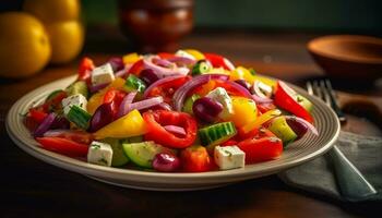 Frische auf Teller Salat, Gemüse, Tomate, Zwiebel, Glocke Pfeffer, Gurke generiert durch ai foto