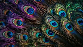 beschwingt farbig Pfau Feder Vitrinen Schönheit im Natur abstrakt Eleganz generiert durch ai foto
