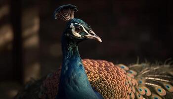 majestätisch Pfau Anzeigen beschwingt Eleganz, Schönheit im Natur multi farbig Porträt generiert durch ai foto