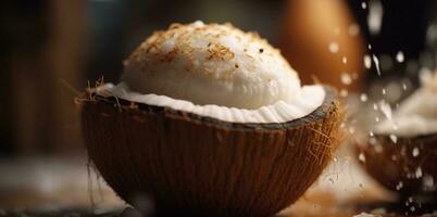 frisch Kokosnuss auf hölzern Tisch, ein tropisch Sommer- Gourmet Snack generiert durch ai foto