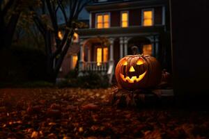 Halloween Kürbisse im Vorderseite von ein Haus ai generiert foto