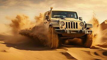 Foto von Jeep Fahren im das Wüste. generativ ai