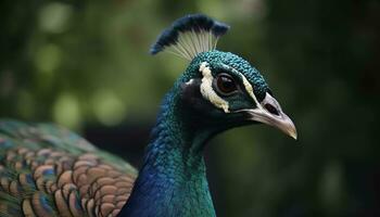 ein majestätisch Pfau Anzeigen beschwingt Farben im das tropisch Regenwald generiert durch ai foto