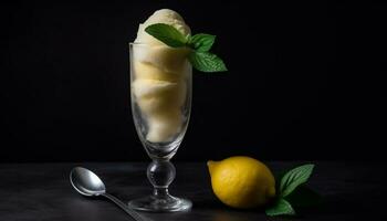 frisch Limonade mit Minze Blatt Garnierung auf ein hölzern Tabelle generiert durch ai foto