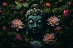 Buddha Statue mit Lotus Blume und Grün Blätter Hintergrund ai generiert foto