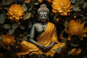 Buddha Statue umgeben durch Gelb Blumen ai generiert foto