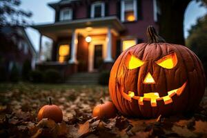 Halloween Kürbisse im Vorderseite von ein Haus beim Nacht, Halloween Hintergrund ai generiert foto