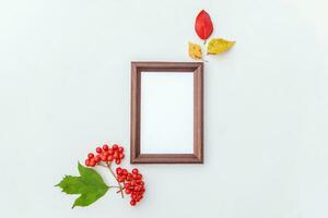 Herbst Blumen- Komposition. Vertikale Foto Rahmen Attrappe, Lehrmodell, Simulation Viburnum Beeren bunt Blätter auf Weiß Hintergrund. fallen natürlich Pflanzen Ökologie frisch Hintergrund Konzept. eben legen oben Sicht, Kopieren Raum