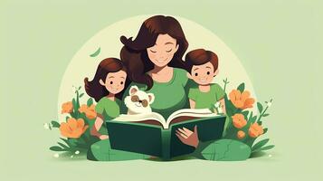 ein Mutter liest ein Geschichte Buch zu ihr Kind. generativ ai foto
