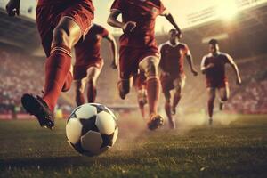 schließen oben von viele Fußball Spieler treten ein Fußball auf ein Feld, Wettbewerb Szene.erstellt mit generativ ai Technologie foto