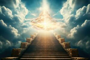 Treppe aufsteigend durch Wolken gegenüber göttlich Licht Erstellen ein paradiesisch Passage foto