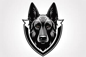 modern schwarz und Weiß Vektor Design von ein Stehen Deutsche Schäfer oder Belgier Malinois bewachen Hund Insignien Abzeichen mit ein einfach heraldisch Schild foto