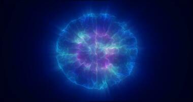 Blau Energie glühend Kugel futuristisch Atom von elektrisch Magie Partikel und Energie Wellen Hintergrund foto