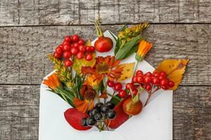 herbstliche Blumenkomposition. Pflanzen Viburnum Vogelbeeren Heckenrose frische Blumen bunte Blätter im Briefumschlag auf Holzhintergrund. Ökologiekonzept der natürlichen Pflanzen des Herbstes. Flache Ansicht von oben, Mockup foto