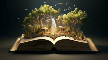 mystisch Wald. geöffnet Buch mit Magie Baum auf dunkel Hintergrund. generativ ai foto