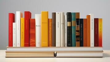 3d Rendern von ein Buch Regal mit Bücher im Vorderseite von grau Hintergrund. generativ ai foto