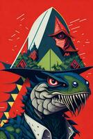 ein detailliert Illustration von ein Godzilla zum ein T-Shirt Design, Hintergrund und Mode foto