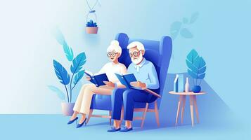 Alten Paar lesen ein Buch zum genießen das Strom Moment. eben Design Vektor Illustration. generativ ai foto