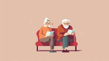 Alten Paar lesen ein Buch im das Leben Zimmer. eben Design Vektor Illustration. generativ ai foto