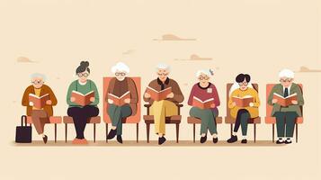 Alten Menschen sitzen auf Sofa und lesen Bücher. Vektor Illustration. generativ ai foto