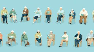 Alten Menschen sitzen auf Sofa und lesen Bücher. Vektor Illustration. generativ ai foto