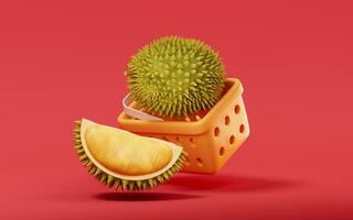 Durian mit Einkaufen Korb, 3d Wiedergabe. foto